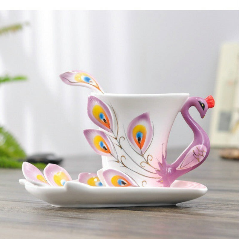 Beautiful Purple Peacock Coffee Cup Set Porcelain Tea Cup Set With Dish Spoon