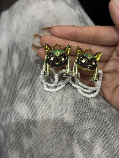 Vintage Egyptian Cat Earrings Enamel Pearl Retro Court Ear Clips