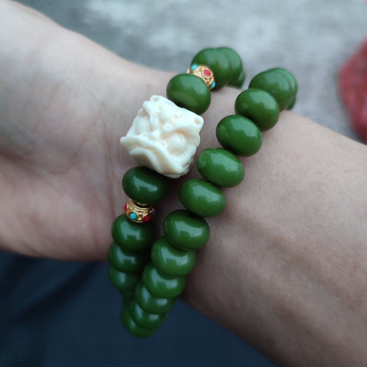 49x Green Bead Necklace Bracelet Buddha Pray Rosary Pipal Tree Bodhi lion