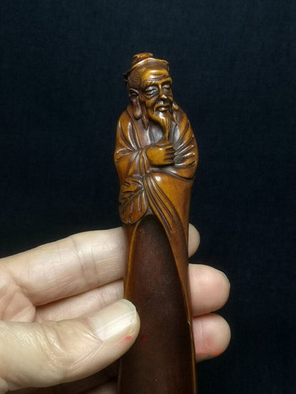 Chinese Boxwood Hand Carved Old Man Longevity Statue Tea Spoon Collection