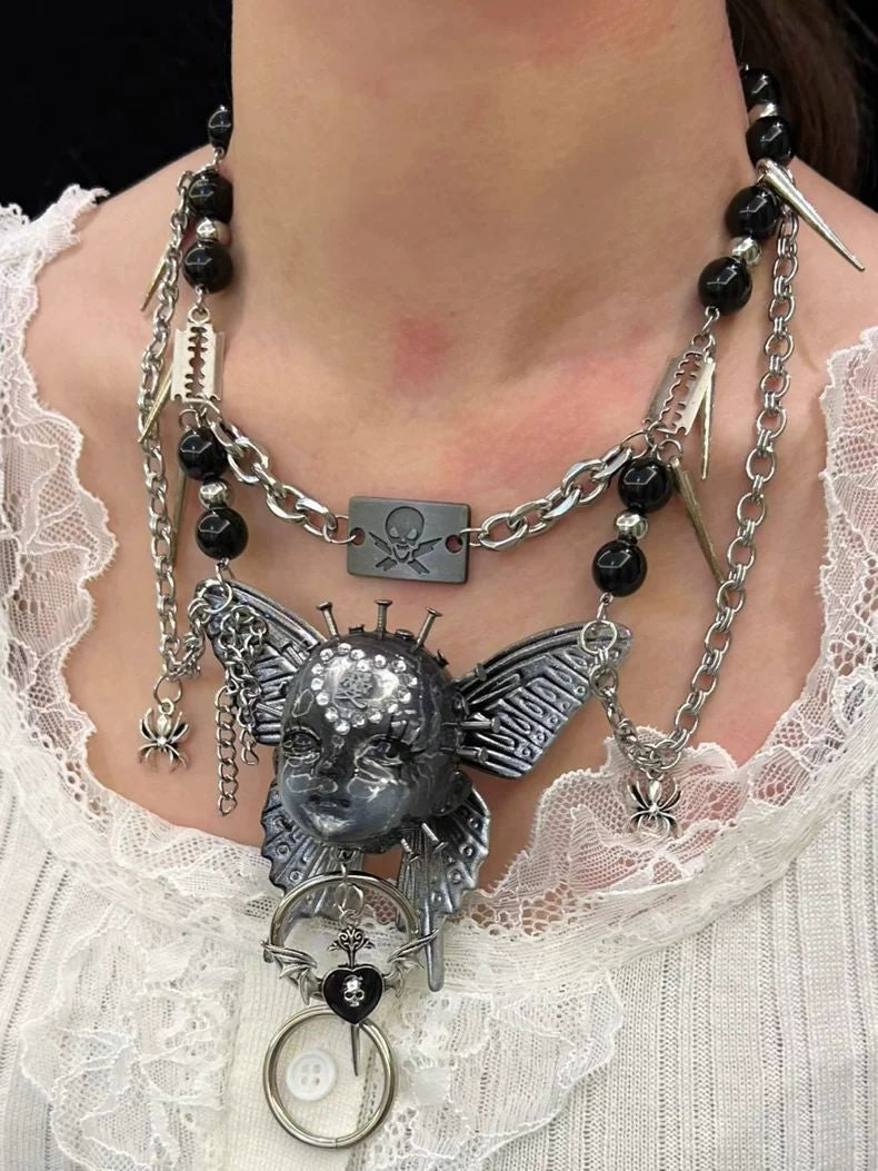 Handmade Silver Gothic Butterfly Doll Head Heavy Metal Choker Necklace