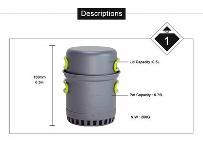 Aluminum Pot Pan Set Camping Cookware Cooking System Outdoor Tableware 0.75/0.5L