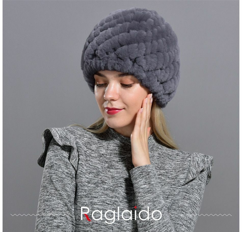 Fur Hats Rabbit Winter Womens Russian Real Knitted Cap Warm Beanie Fashion Solid