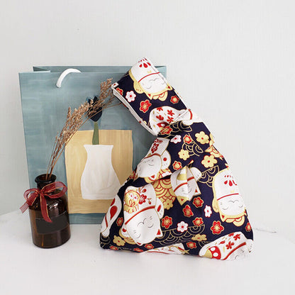 Japanese Flower Pattern Knotted Wrist Bag Phone Bag Canvas Tote Purse Key Pouch