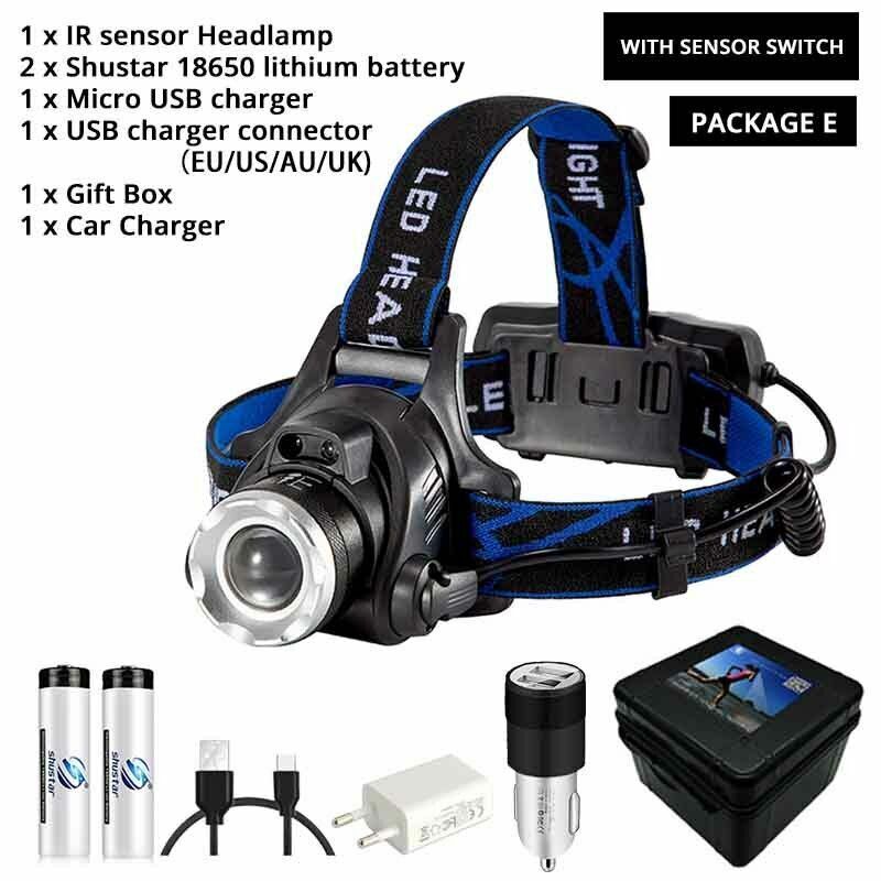 LED Headlamp Super Bright Sensor Zoomable Fishing Lamp Lighting 18650 Batteries