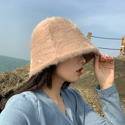 Hat Winter Women Solid Color Rabbit Fur Bucket Cap Fisherman Retro Knitted Wool