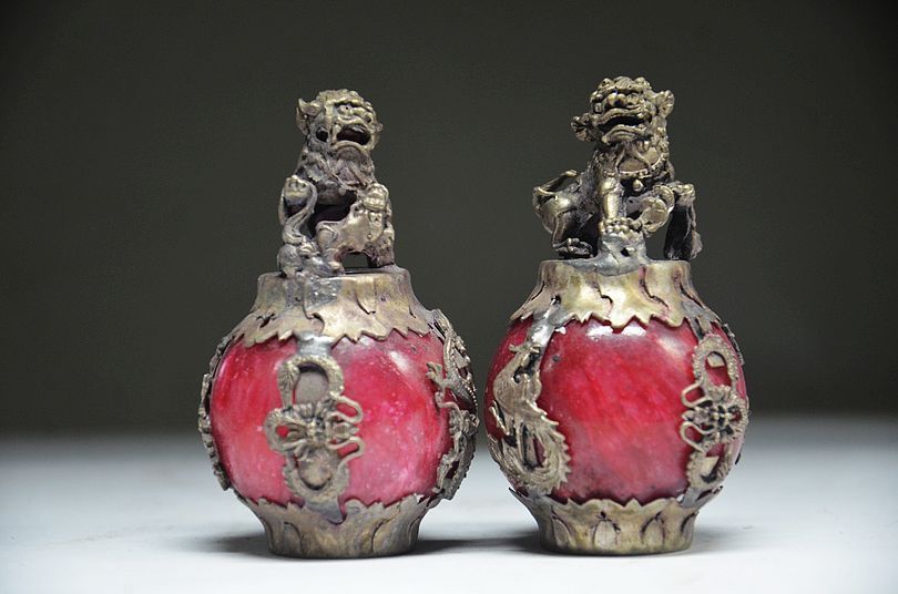 CHINESE PAIR OF Tibet SILVER DRAGON Jade Foo dog STATUE Gift!