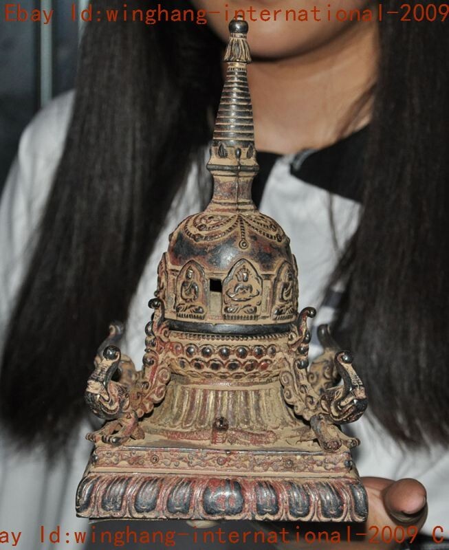 Tibet Buddhism Temple Bronze Gilt Sakyamuni Buddha Stupa Pagoda Tower Statue