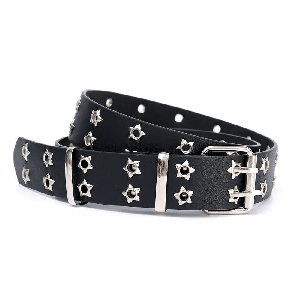 Women Belt Pu Leather Star Eye Rivet Punk Hollow Double Pin Buckle Men Waistband