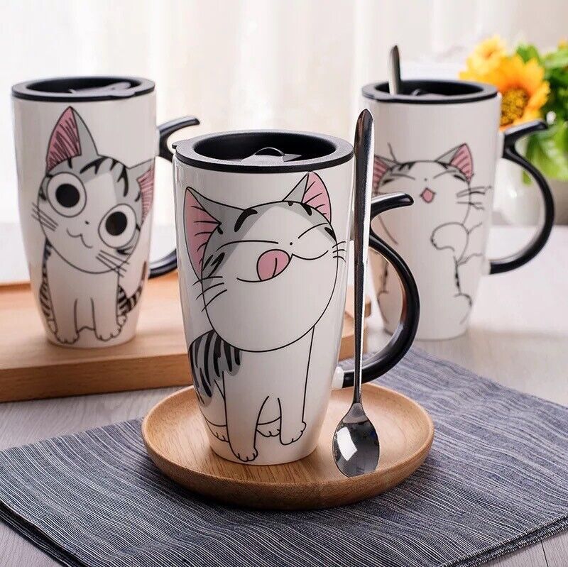Creative Cat Ceramic Mug With Lid Spoon Cartoon Milk Tea Cup Porcelain Mug Set