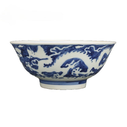 7.3" Old Ming Blue and White Porcelain Seawater Animal Dragon Grain Bowl
