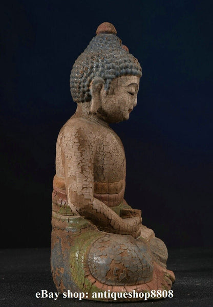 10" Tibet Buddhism Wood Carved Shakyamuni Amitabha Buddha Sakyamuni Statue