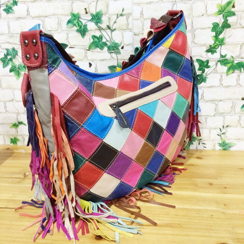 Multicolor Genuine Leather Tassel Bag One Shoulder Bags Beach Purse 33*10*33 Cm