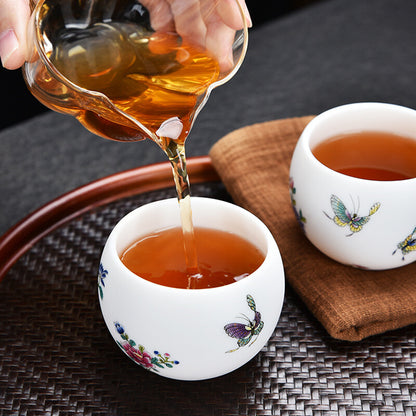 Ceramic Tea Cup Fat Mutton Jade Porcelain Master Cup Butterfly Print Cup 140ml