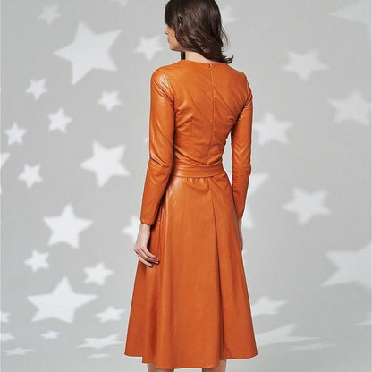 Womens Dresses Belt Faux Leather Long Sleeve Slim Fit A-line Full Length Solid