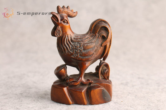 Rare Collection Chinese Boxwood Wood Carving cock Statue Wooden table decor