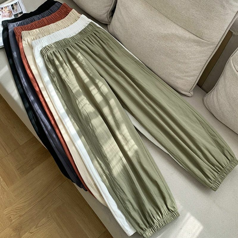 Pants Women Casual Cotton Linen Elastic Waist Solid Basic Retro Loose Trousers