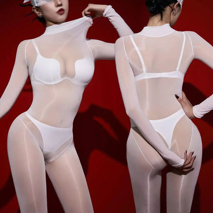 Unisex Oil Shiny Bodysuit Glossy Transparent Seamless Full Bodystocking Jumpsuit