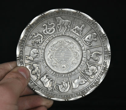 Old Miao Silver Fengshui 12 Zodiac Year Animal Plate Dish Statue Collection