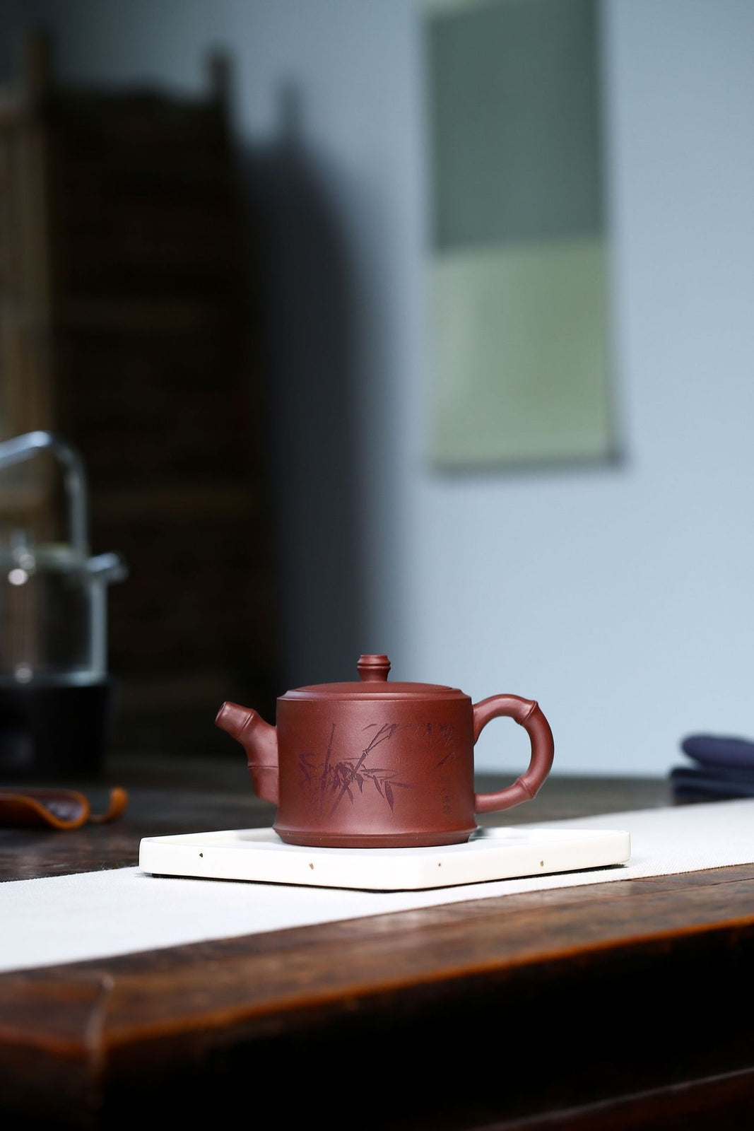 5.7"Collect Chinese Yixing Zisha Pottery Purple Clay 250ML Mesh Bamboo Teapot 竹段