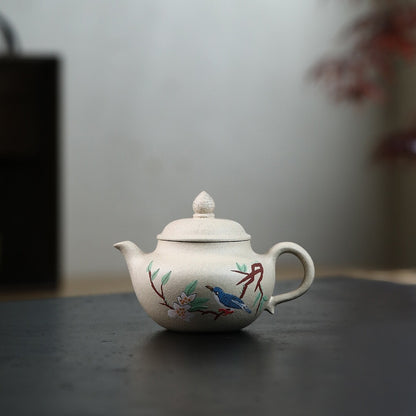 Yixing Zisha White Clay Pottery Handmade Tea Pot Bird Branch Marked Tea Pot
