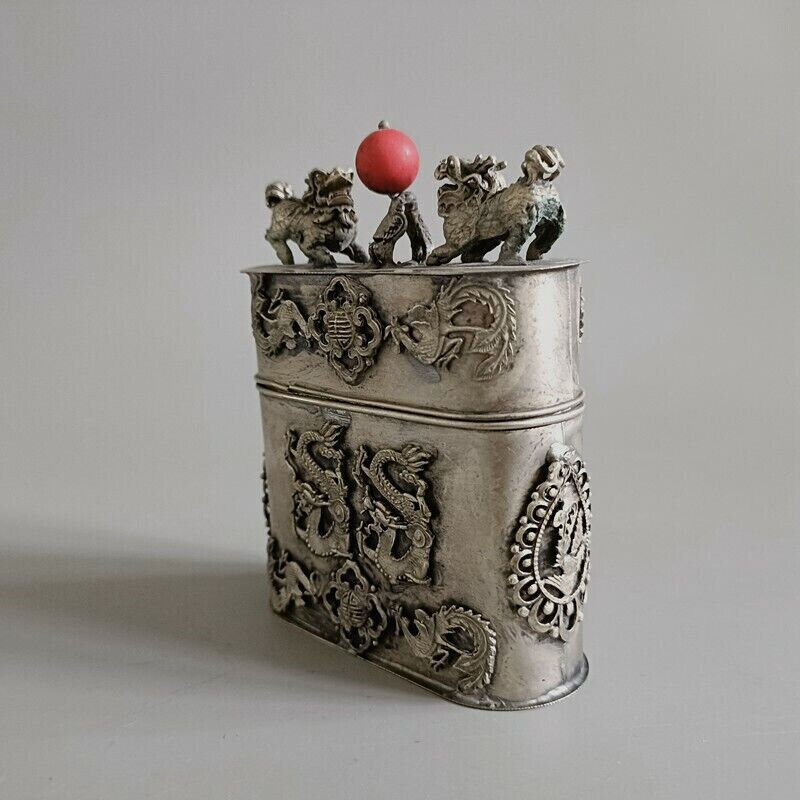 Exquisite Old Chinese tibet silver handcarved Dragon phoenix toothpick box