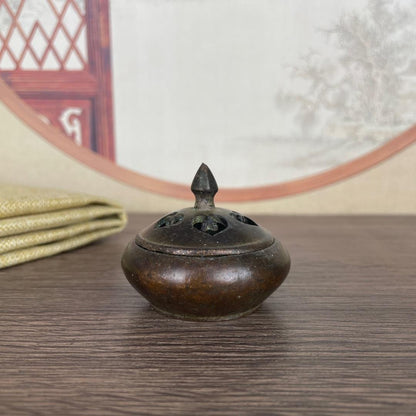1.5" Diameter China Retro Antique Copper Alloy Incense Burner With Lid Ornament
