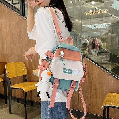 Small Backpack Contrasting Color School Bag Waterproof Nylon Casual Schoolbag