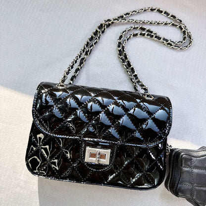 Quilted Patent Leather Small Flap Purse w/ Chain & Star Shoulder Bag Fashion