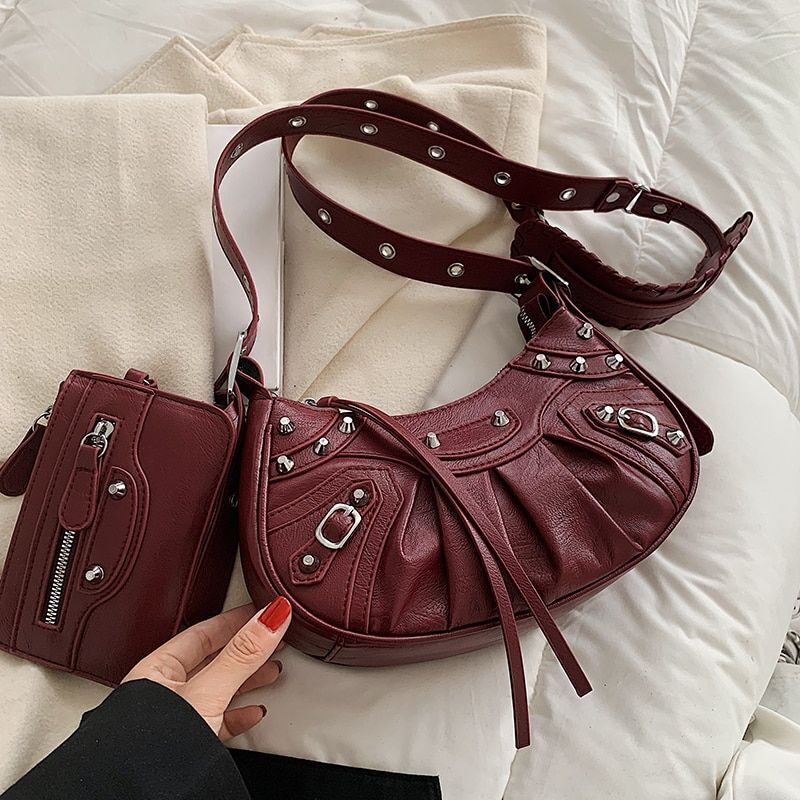 Half Moon Shape Leather Armpit Crossbody Bag Punk Style Vintage Handbag 2Pcs/set