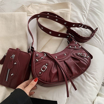 Half Moon Shape Leather Armpit Crossbody Bag Punk Style Vintage Handbag 2Pcs/set
