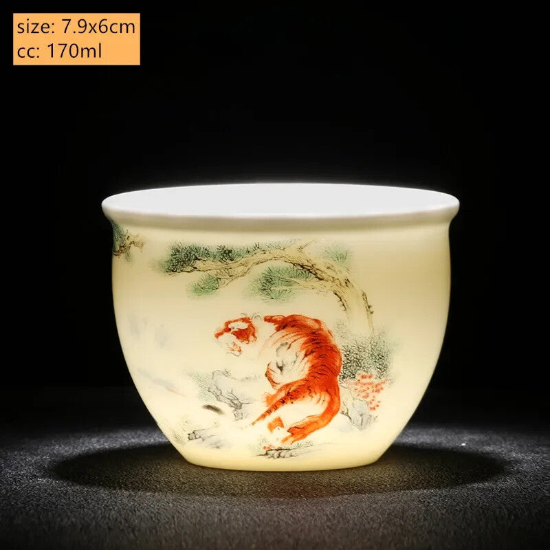Jade Ceramic Tea Cup Zodiac Tiger Tea Cup Master Cup White Porcelain Tea Set