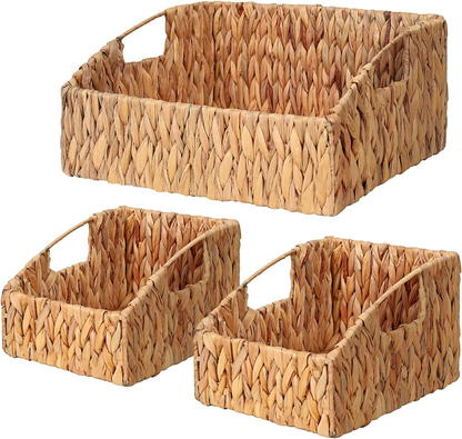 Handwoven Storage Baskets Natural Water Hyacinth Storage Bins Built-in Handles