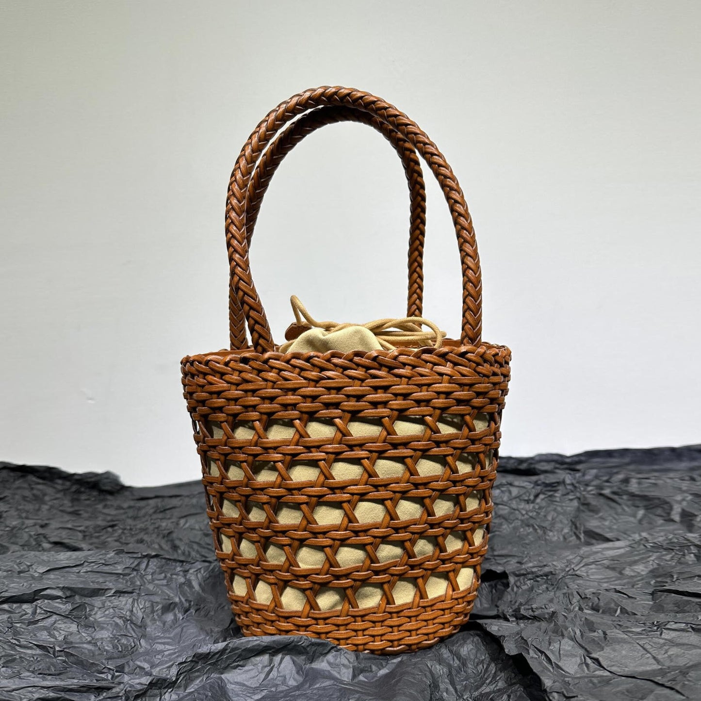 Small Woven Real Leather Drawstring Basket Bag Tote Bucket Beach Shoulder Bag