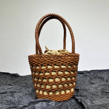 Small Woven Real Leather Drawstring Basket Bag Tote Bucket Beach Shoulder Bag