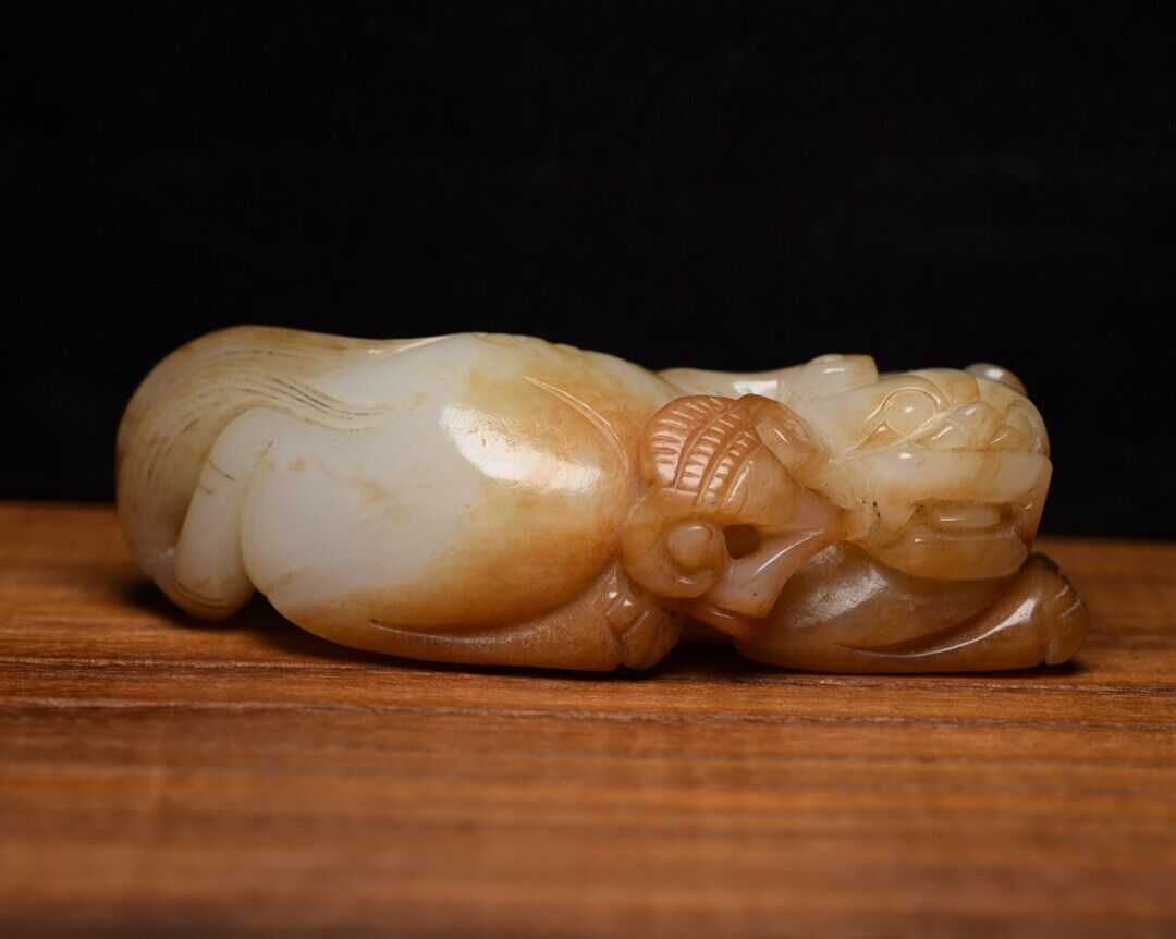 Chinese Old Beijing Natural Hetian Jade Carved Nice Beast Statue Figurines Art