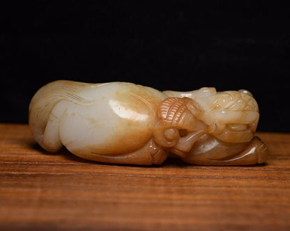 Chinese Old Beijing Natural Hetian Jade Carved Nice Beast Statue Figurines Art