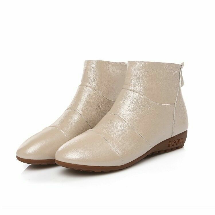 Women Chelsea Wedge Heels Flats Ankle Boots Beige Plus Size New Back Zip Shoes @