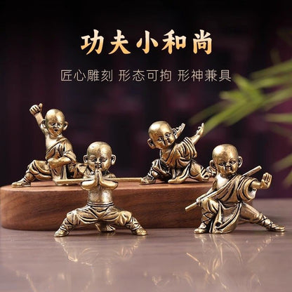 4PCS Solid Brass Kung Fu Monk Ornament Zen Tea Pet Desktop Decor