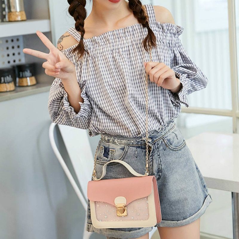Cover Lock Small Square Purse Sequined Star Print Artificial Leather 21*13*4.5CM