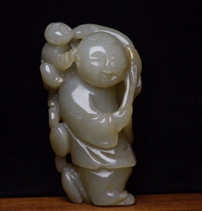 Chinese Natural Hetian Jade Hand Carving Children Statue Exquisite Figurines Art