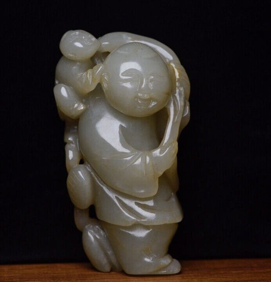 Chinese Natural Hetian Jade Hand Carving Children Statue Exquisite Figurines Art