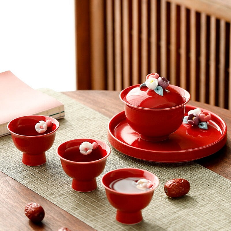Hand-kneaded Flower Sancai Bowl Teacup Wine Ladies Gaiwan Wedding Tea Set Plate