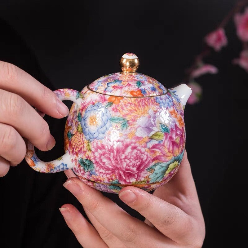Fat Mutton Jade Porcelain Tea Pot Ball Shaped Infuser Tea Cup Saucer Colorful