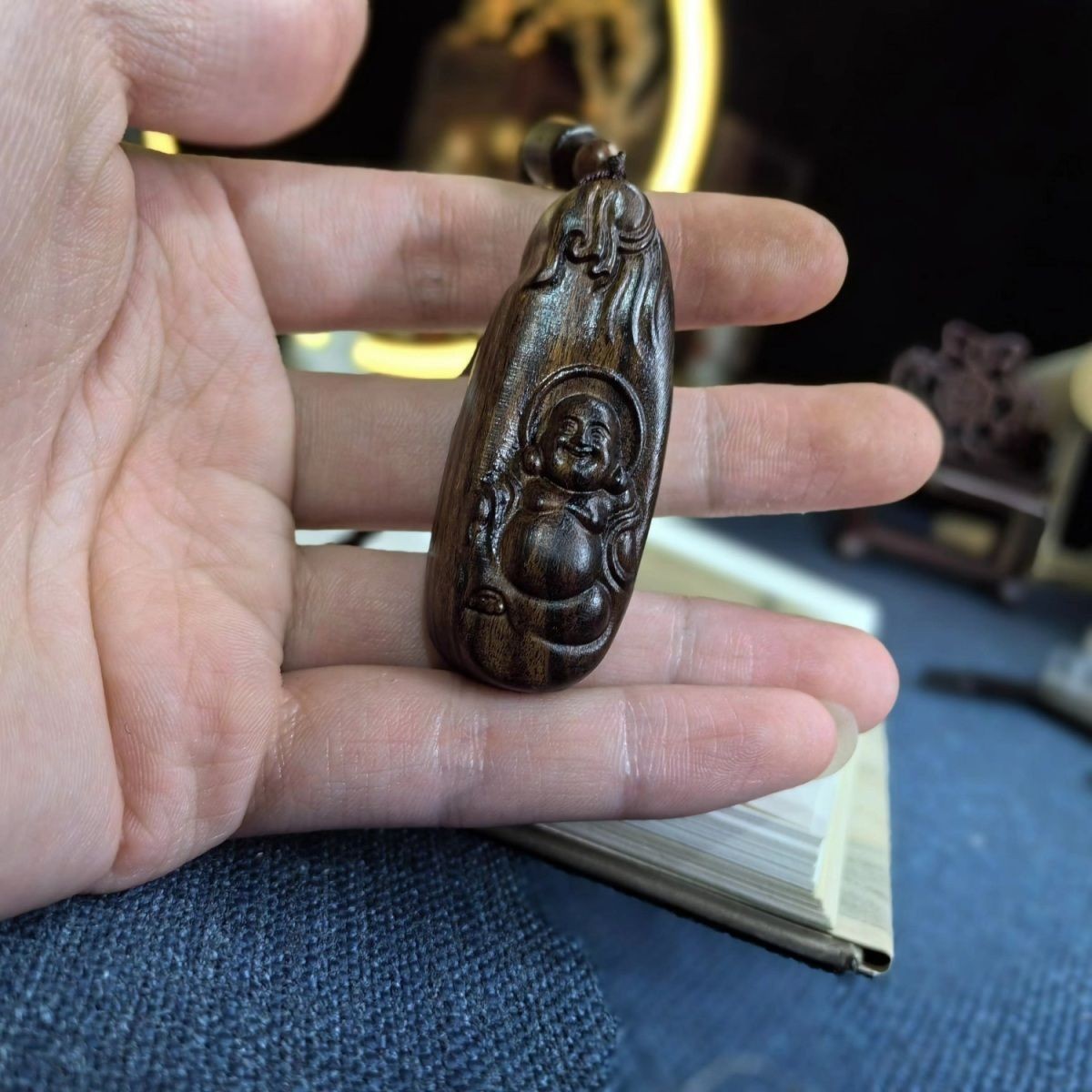 Natural Wood Carving Necklace Maitreya Buddhism Pendant Men Woman Blessing Gift