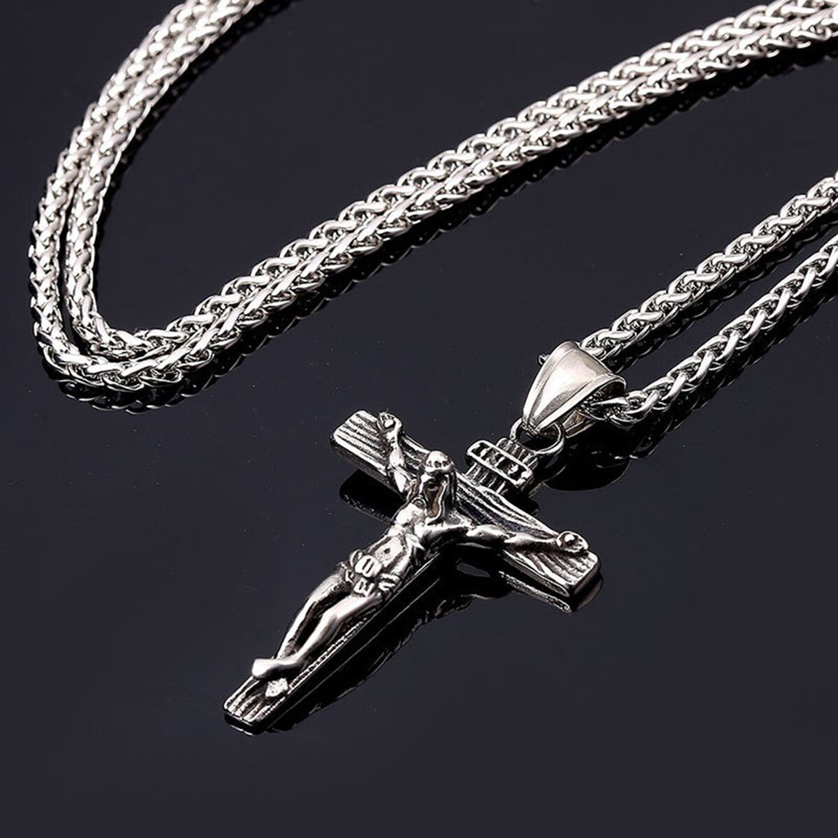 Stainless Steel Jesus Christ Crucifix Cross Pendant Chain Men Necklace