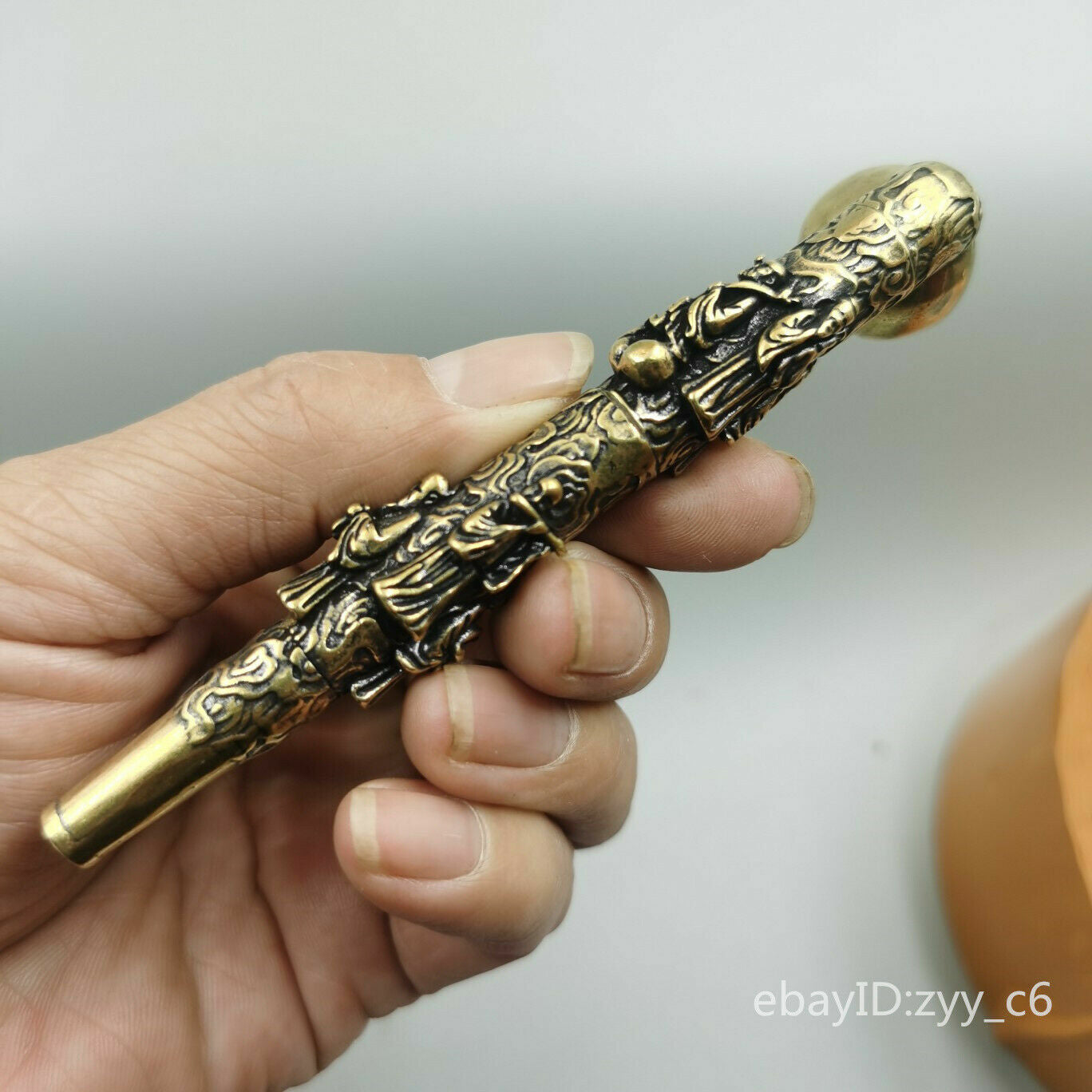 the Eight Immortals Tobacco pipe4.8"China antique Old pure copper Seiko carving