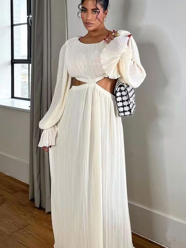 Women French Open Waist Trumpet Sleeve Fold Dress Vintage Female Dresses