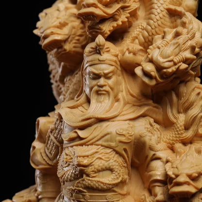8" New Cypress Wood Carved Guan Yu Guan Gong Warrior Dragon Statue Figurine