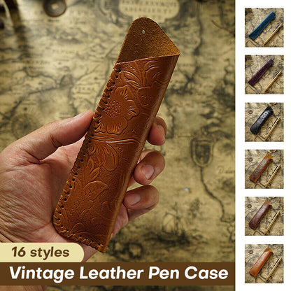 Portable Real Leather Pen Protector Bag Holder Pencil Case Handmade Carved Gifts